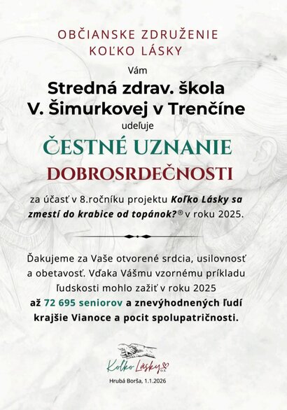 Čestné uznanie od Koľko Lásky o. z.